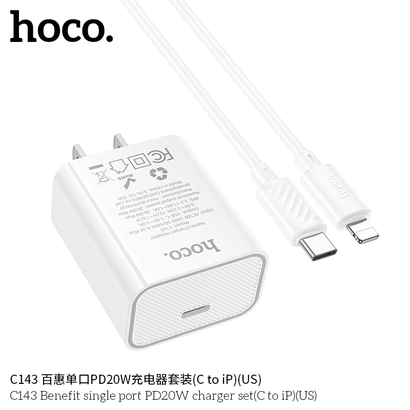 Bộ sạc Hoco C143 iP kèm cáp C to iP 1m chính hãng