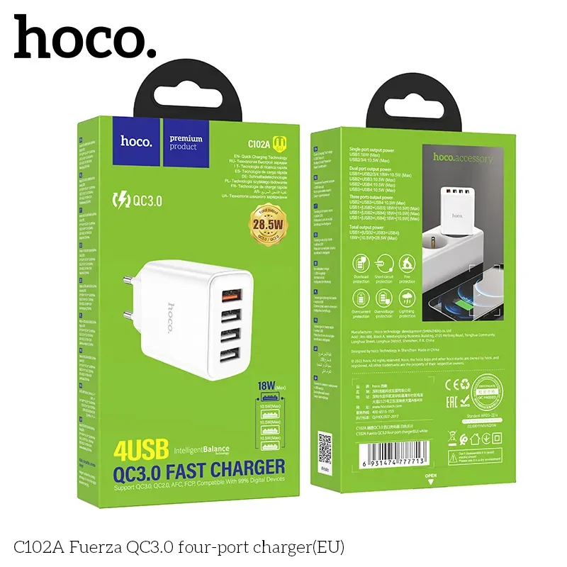 Củ Sạc QC3.0 Hoco C102A Fuerza 4 cổng (EU)