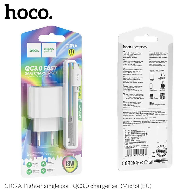 Bộ Sạc Kèm Dây Micro Hoco C109A Fighter QC3.0 (EU)