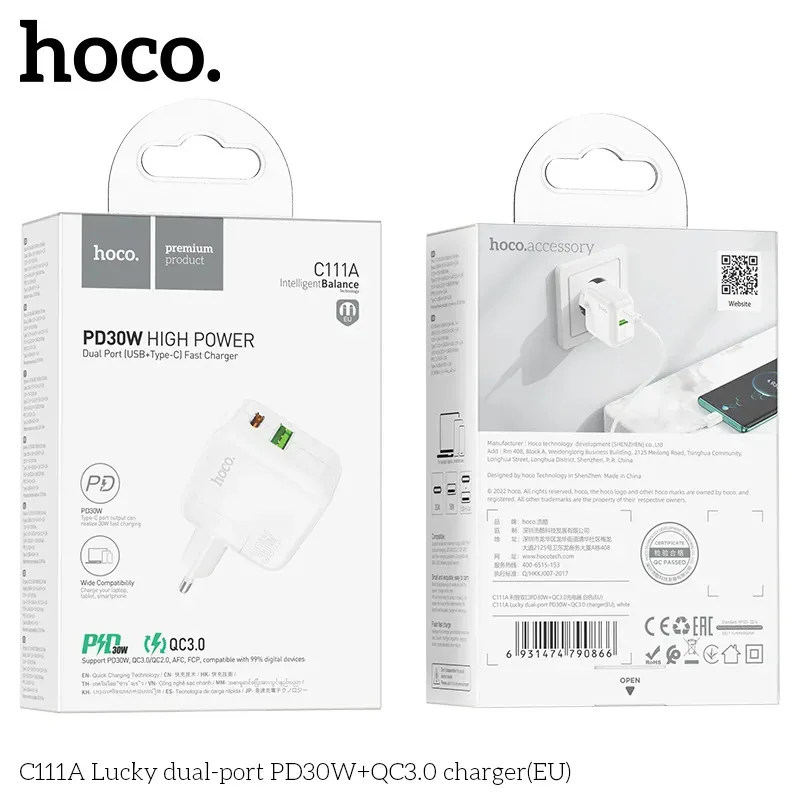 Củ Sạc PD30W+QC3.0 Hoco C111A Lucky hai cổng (EU)