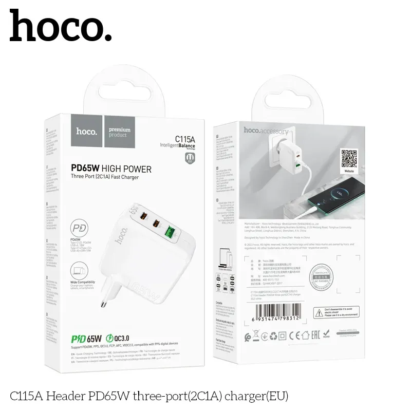 Củ Sạc PD65W GaN Hoco C115A Header 3 cổng (2C1A) (EU)