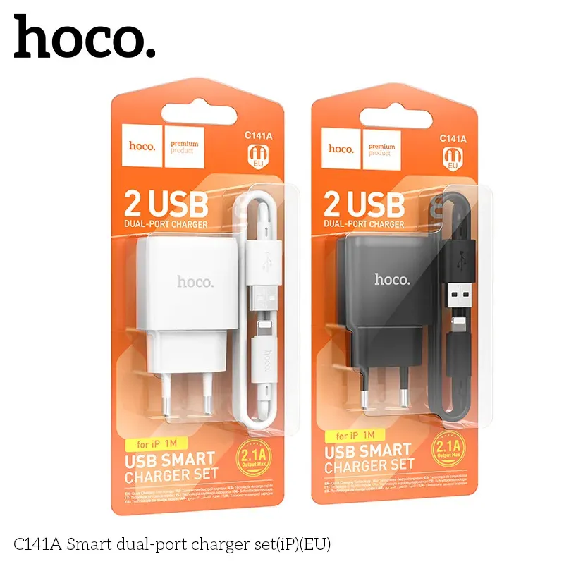 Bộ Sạc Kèm Dây iP Hoco C141A Smart hai cổng (EU)