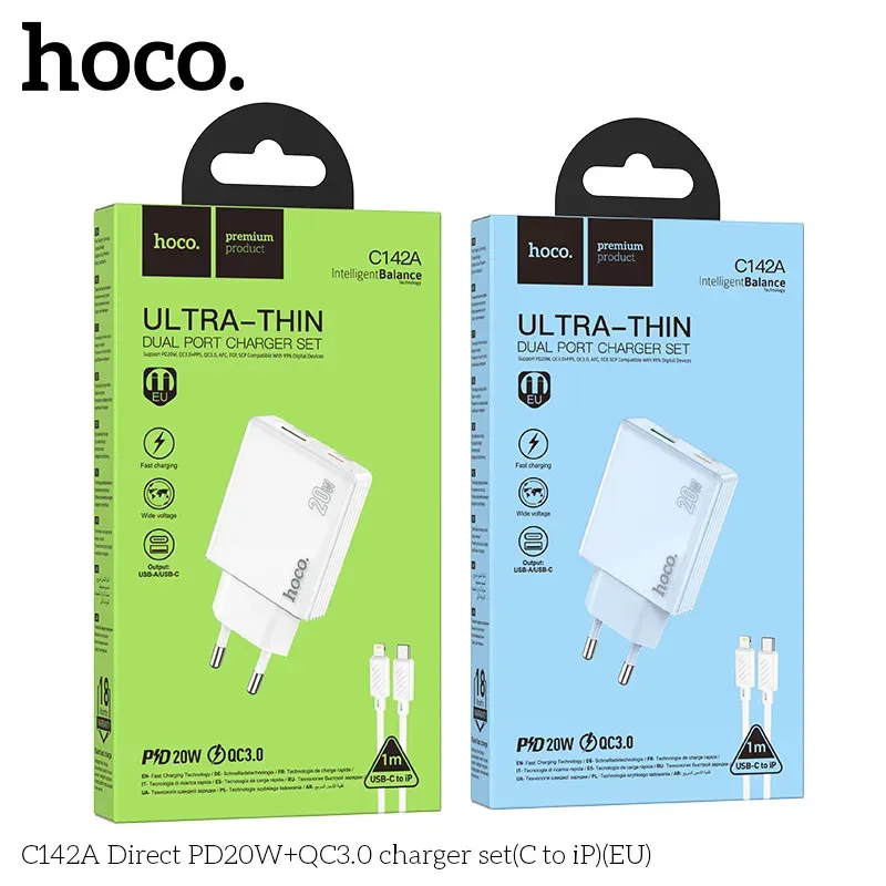 Bộ Sạc Kèm Dây C to iP Hoco C142A Direct PD20W+QC3.0 (EU)