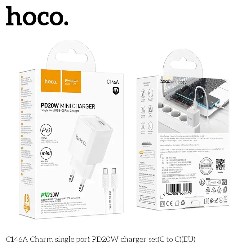 Bộ Sạc Kèm Dây C to C Hoco C146A Charm PD20W (EU)