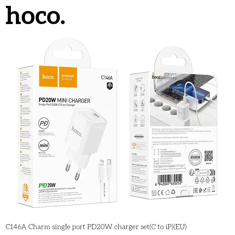 Bộ Sạc Kèm Dây C to iP Hoco C146A Charm PD20W (EU)