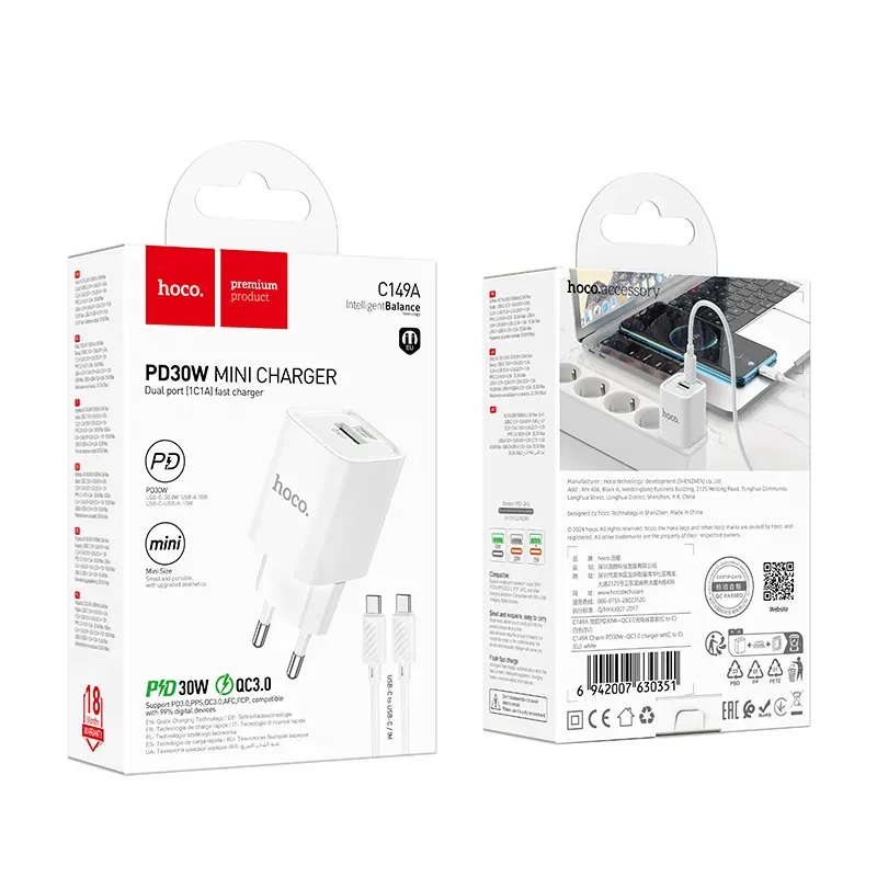 Bộ Sạc Kèm Dây C to C Hoco C149A Charm PD30W+QC3.0 (EU)