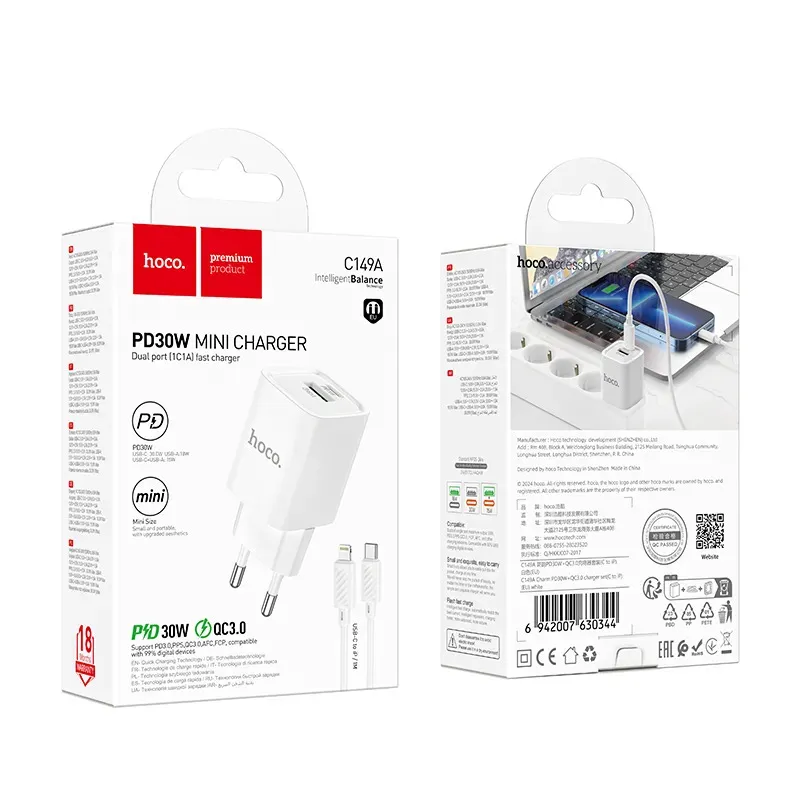 Bộ Sạc Kèm Dây C to iP Hoco C149A Charm PD30W+QC3.0 (EU)