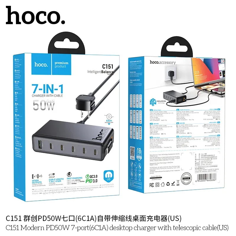 Củ Sạc PD50W Hoco C151 Modern 7 cổng với dây rút (US)
