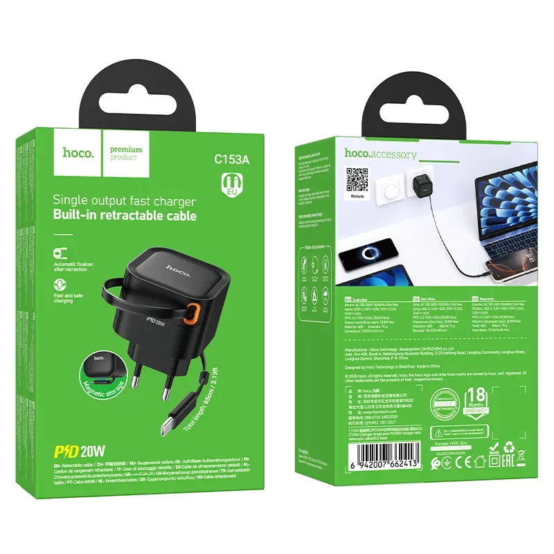 Củ Sạc PD20W Hoco C153A Changer có dây kéo (EU)