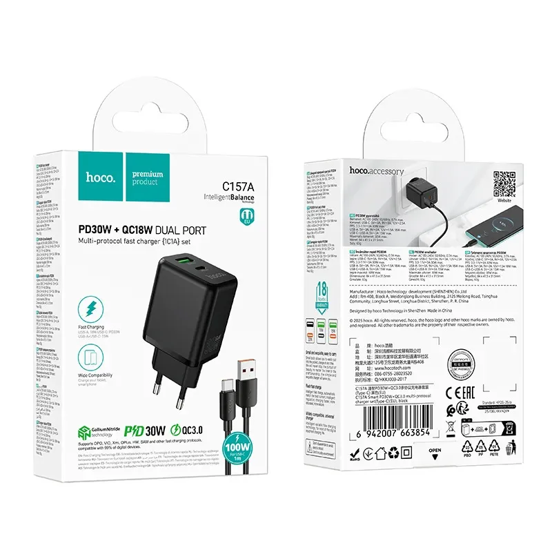 Bộ Sạc Kèm Dây Type-C Hoco C157A Smart PD30W+QC3.0 đa chuẩn (EU)