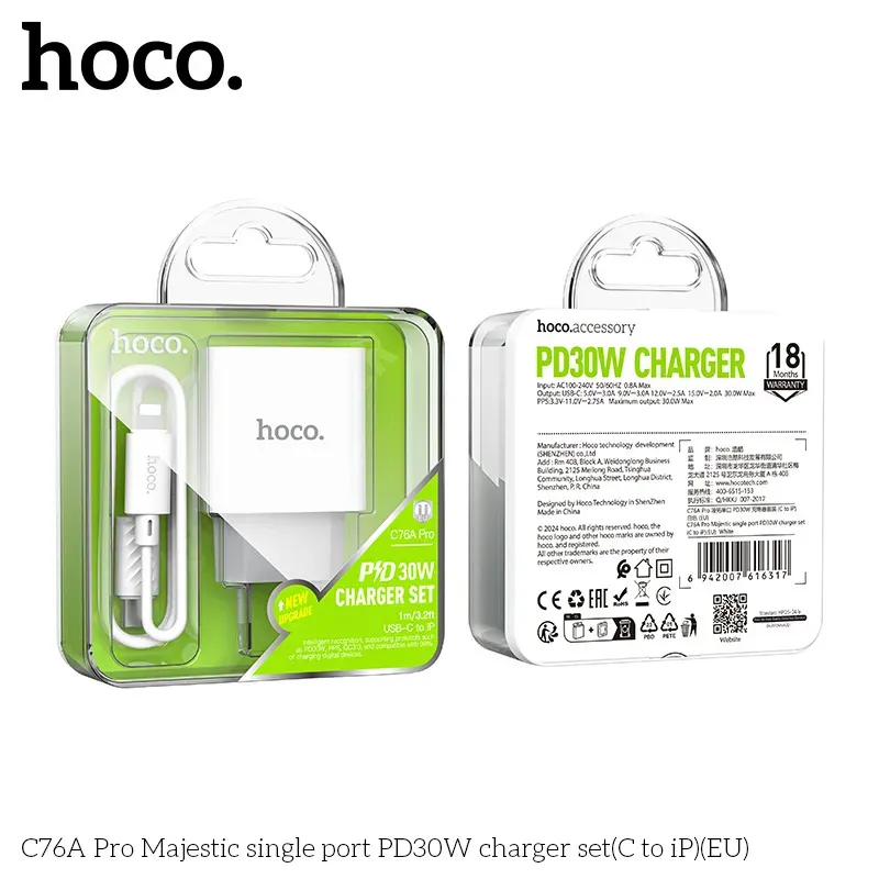 Bộ Sạc Kèm Dây C to iP Hoco C76A Pro Majestic PD30W (EU)