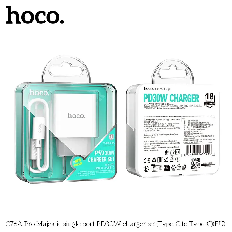 Bộ Sạc Kèm Dây Type-C to Type-C Hoco C76A Pro Majestic PD30W (EU)
