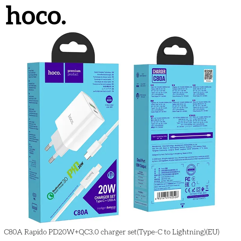 Bộ Sạc Kèm Dây Type-C to iP Hoco C80A Rapido PD20W+QC3.0 (EU)