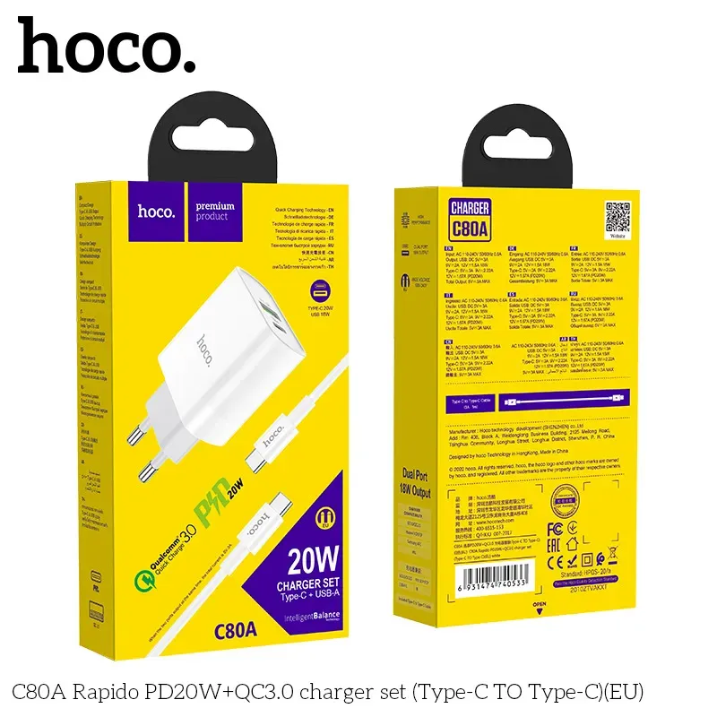 Bộ Sạc Kèm Dây Type-C to Type-C Hoco C80A Rapido PD20W+QC3.0 (EU)