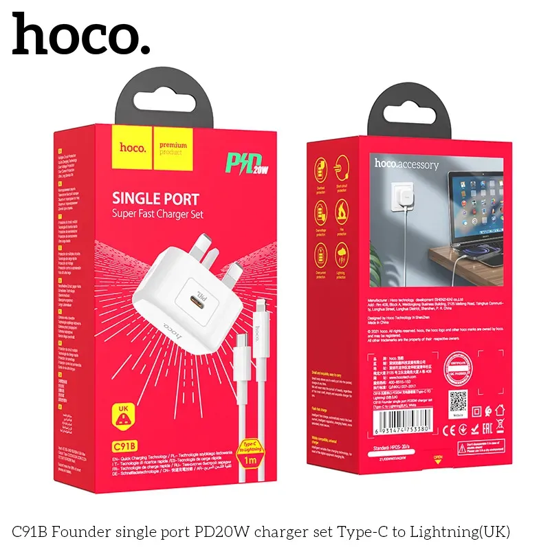 Bộ Sạc Kèm Dây Type-C to iP Hoco C91B Founder PD20W (UK)