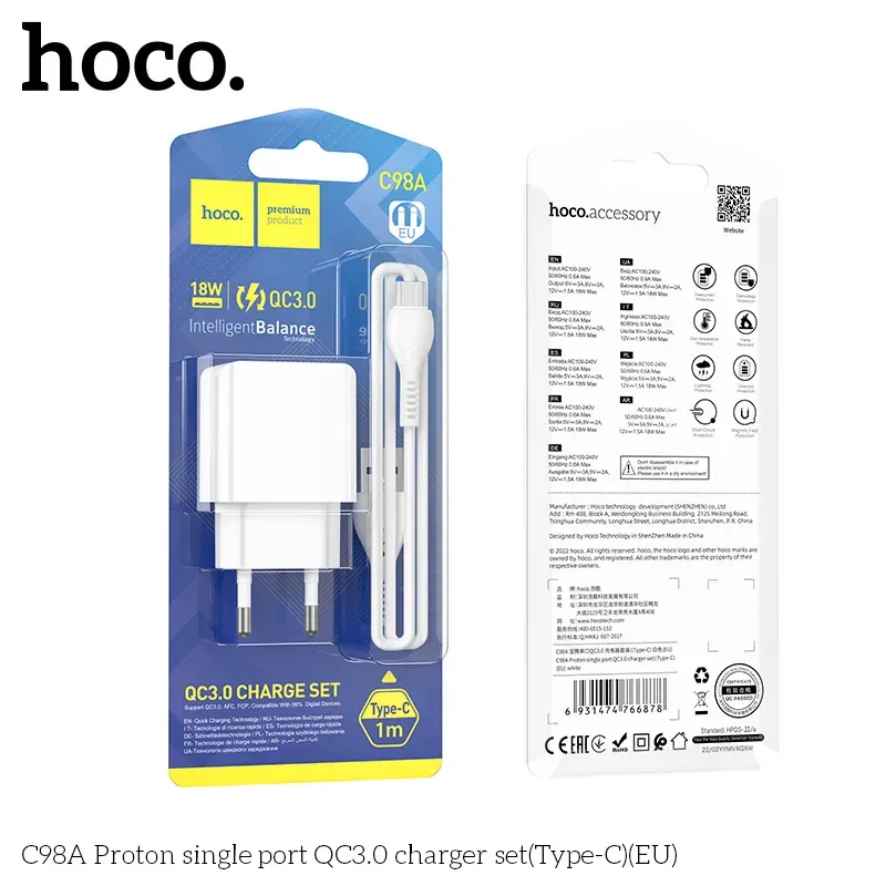 Bộ Sạc Kèm Dây Type-C Hoco C98A Proton QC3.0 (EU)