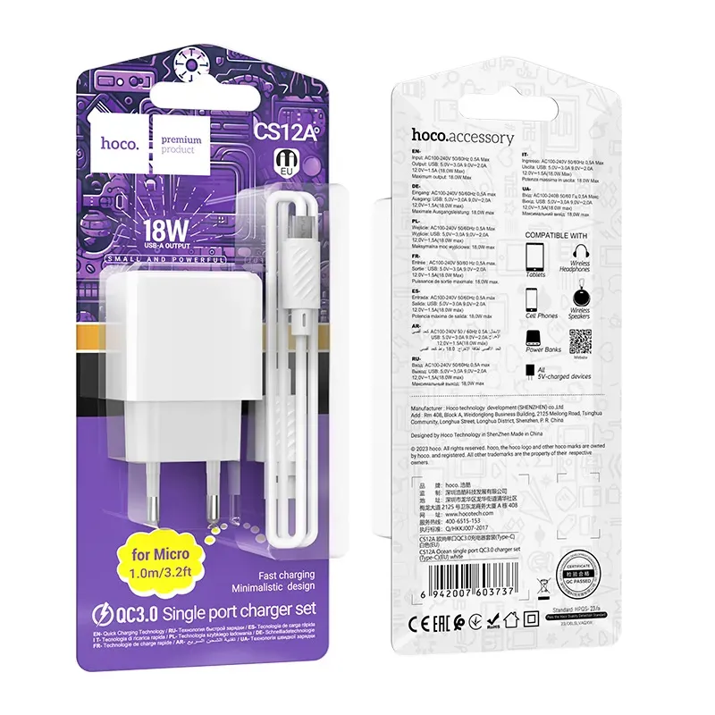 Bộ Sạc Kèm Dây Micro Hoco CS12A Ocean QC3.0 (EU)