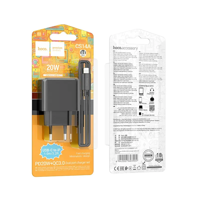 Bộ Sạc Kèm Dây C to iP Hoco CS14A Ocean PD20W+QC3.0 (EU)