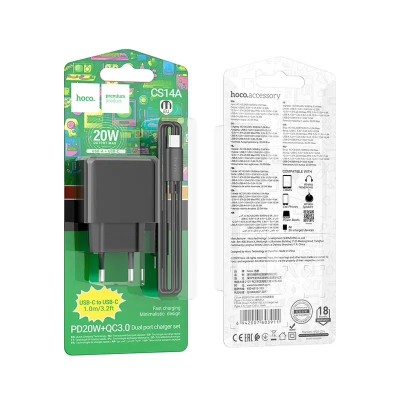 Bộ Sạc Kèm Dây Type-C to Type-C Hoco CS14A Ocean PD20W+QC3.0 (EU)