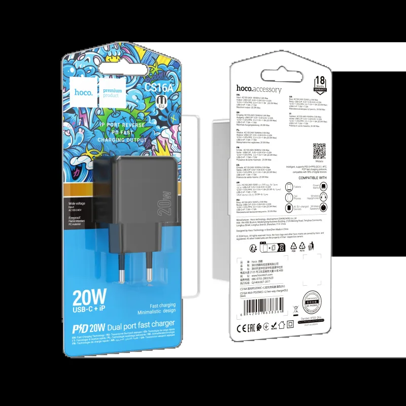 Củ Sạc PD20W (C+L) Hoco CS16A Wish hai chiều (EU)