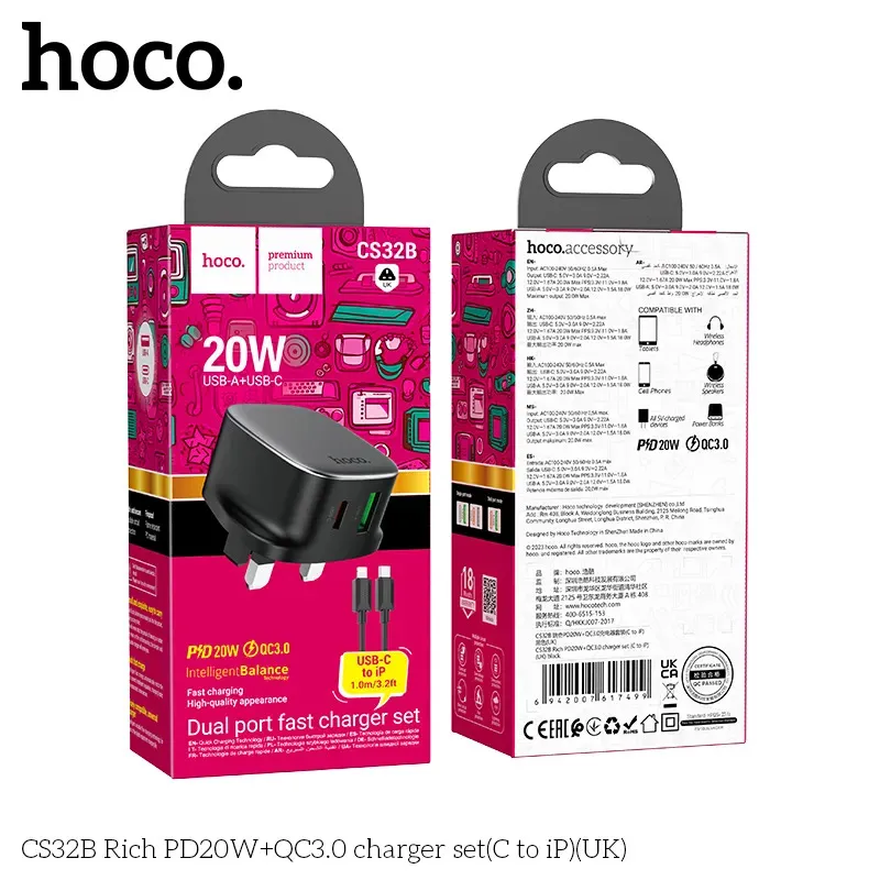 Bộ Sạc Kèm Dây C to iP Hoco CS32B Rich PD20W+QC3.0 (UK)
