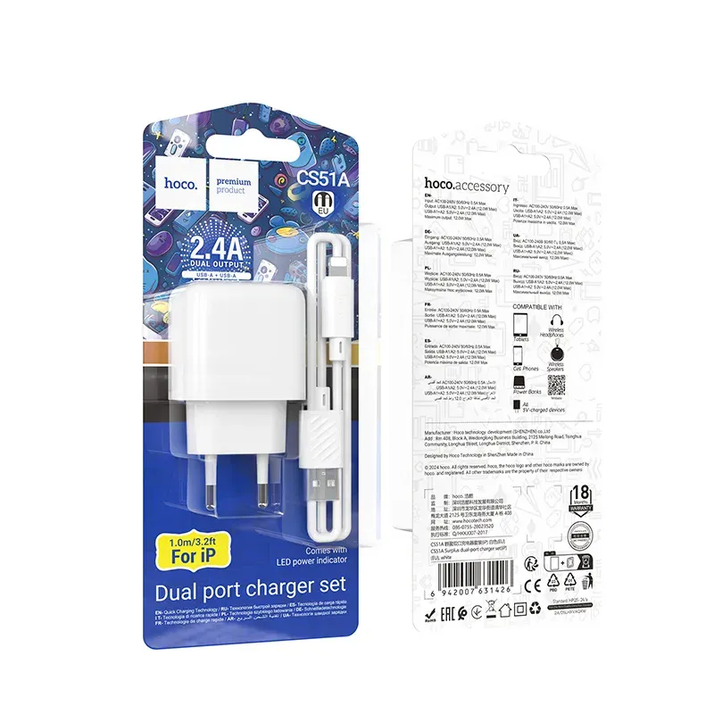 Bộ Sạc Kèm Dây iP Hoco CS51A Surplus (EU)