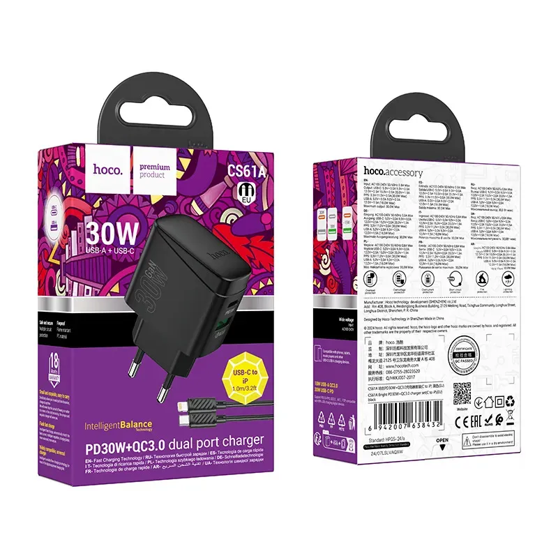 Bộ Sạc Kèm Dây C to iP Hoco CS61A Bright PD30W+QC3.0 (EU)