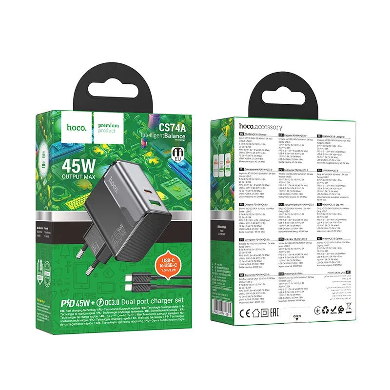 Bộ Sạc Kèm Dây C to C Hoco CS74A Star Speed PD45W+QC3.0 (EU)