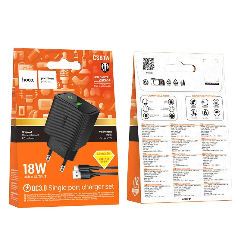Bộ Sạc Kèm Dây Type-C Hoco CS81A Excellent QC3.0 với màn hình kỹ thuật số (EU)
