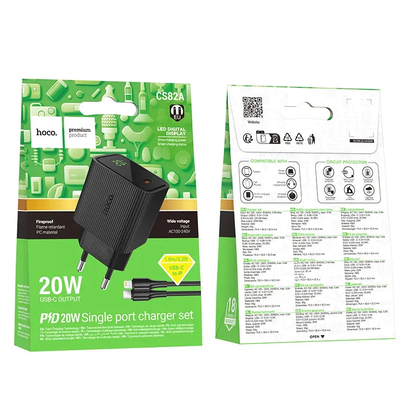 Bộ Sạc Kèm Dây C to iP Hoco CS82A Excellent PD20W với màn hình kỹ thuật số (EU)