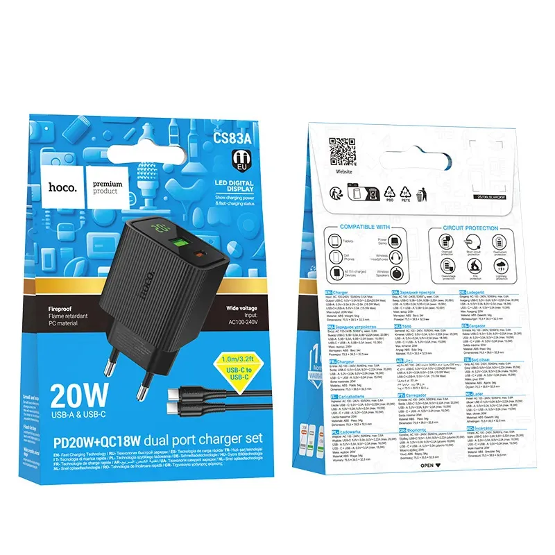 Bộ Sạc Kèm Dây C to C Hoco CS83A Excellent PD20W+QC3.0 với màn hình kỹ thuật số (EU)
