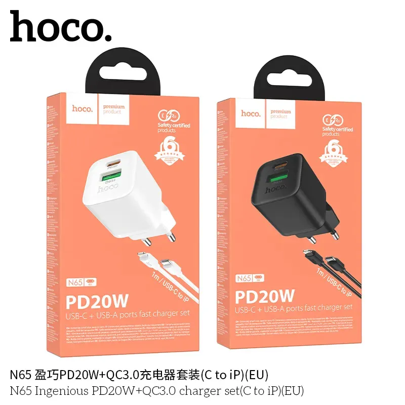 Bộ Sạc Kèm Dây C to iP Hoco N65 Ingenious PD20W+QC3.0 (EU)