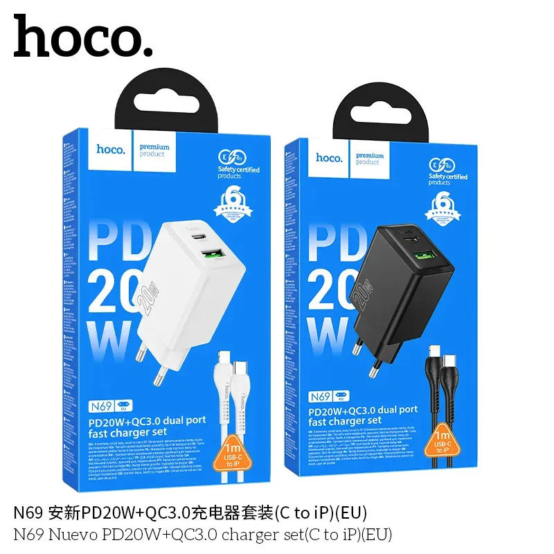 Bộ Sạc Kèm Dây C to iP Hoco N69 Nuevo PD20W+QC3.0 (EU)