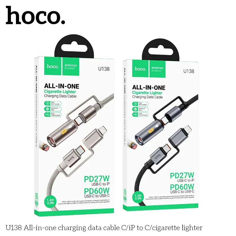Cáp Sạc Type-C to Type-C Hoco U138 All-in-one C/iP to C/Cigarette Lighter