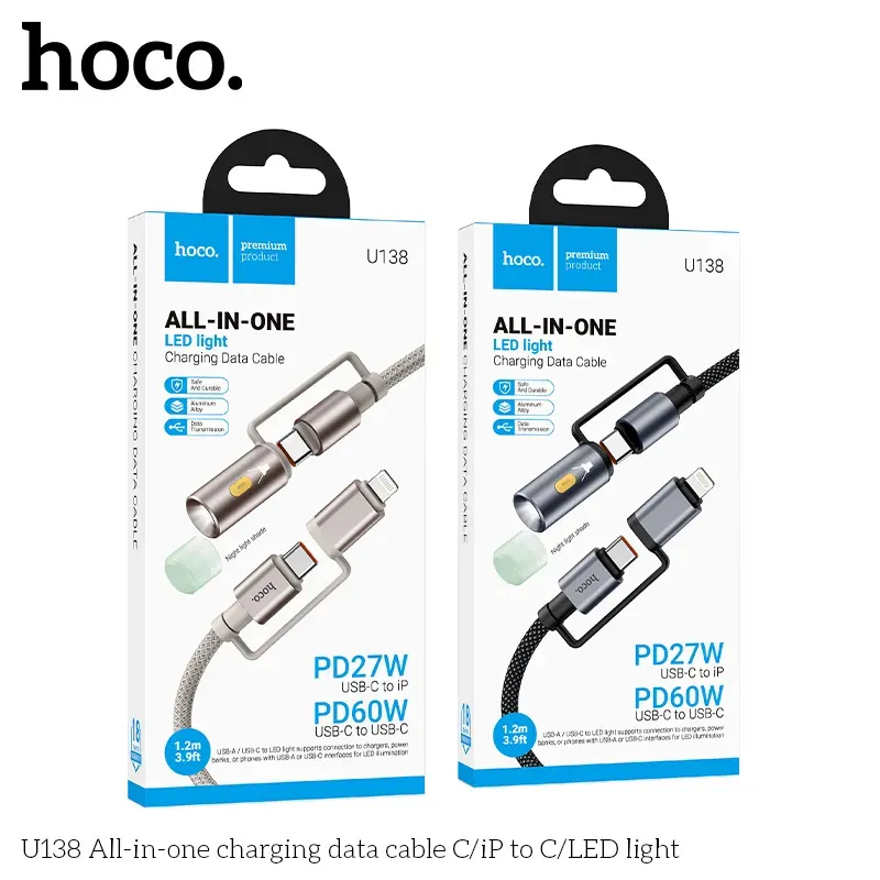 Cáp Sạc Type-C to Type-C Hoco U138 All-in-one C/iP to C/LED Light