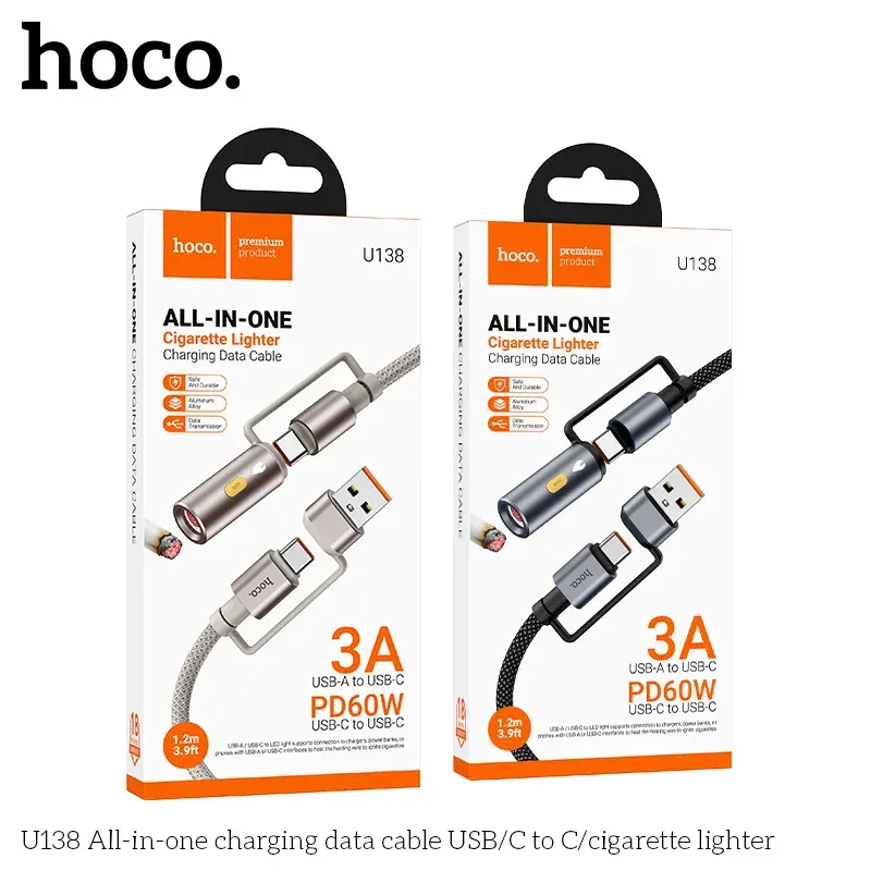 Cáp Sạc Type-C to Type-C Hoco U138 All-in-one USB/C to C/Cigarette Lighter