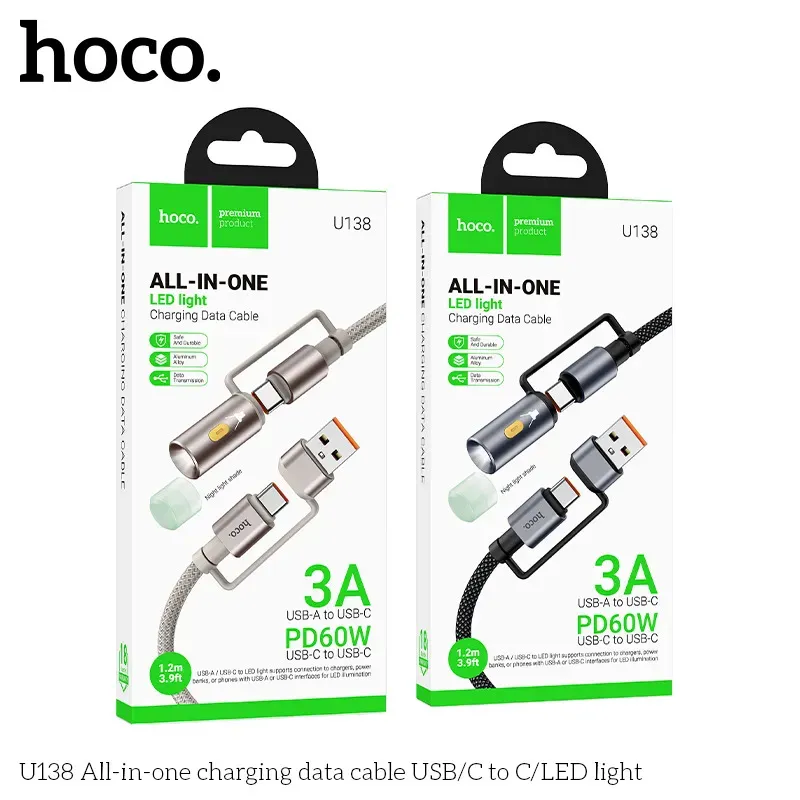 Cáp Sạc Type-C to Type-C Hoco U138 All-in-one USB/C to C/LED Light