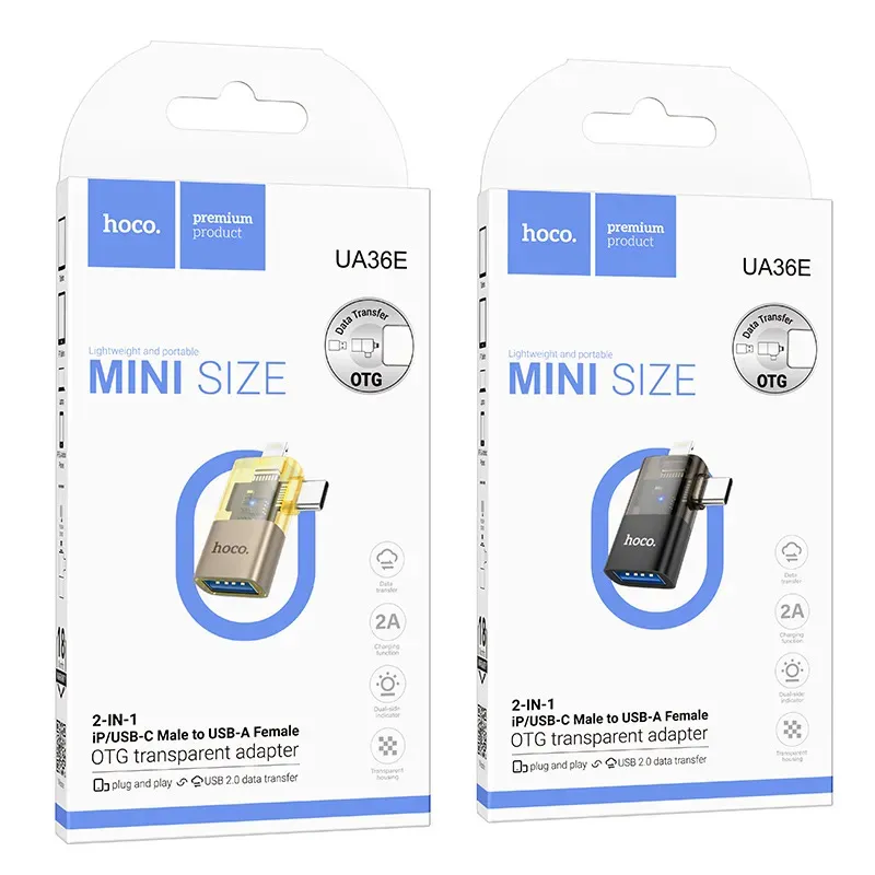 Bộ Chuyển Đổi Hoco UA36E iP male/C male to USB female OTG 2-in-1 transparent adapter