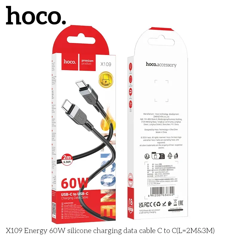 Cáp Sạc Type-C Hoco X109 Silicon Energy 60W 2M