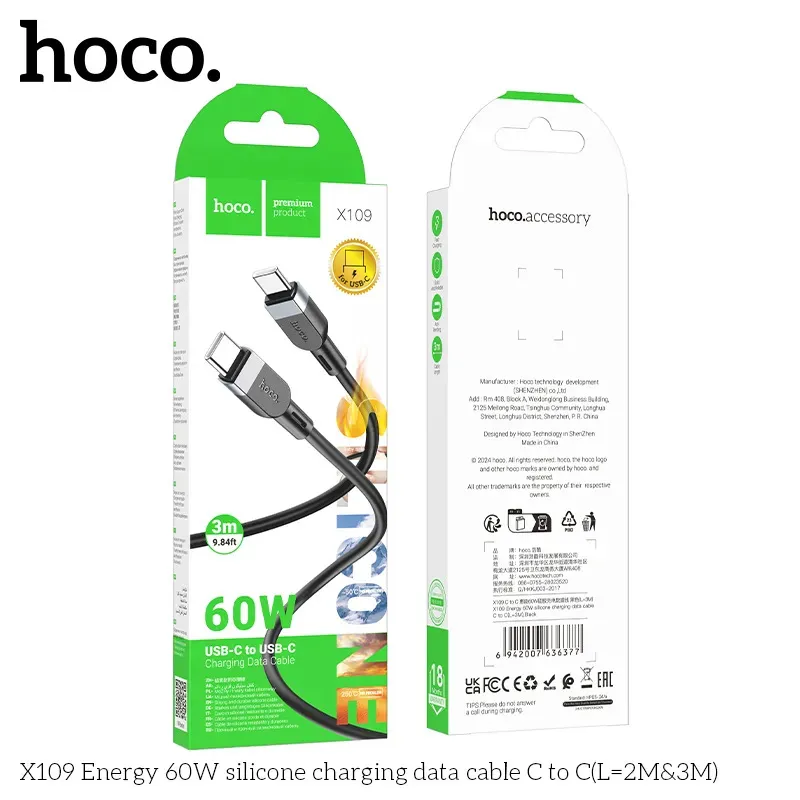 Cáp Sạc Type-C Hoco X109 Silicon Energy 60W 3M