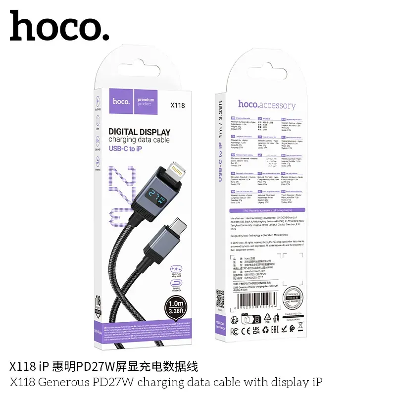 Cáp Sạc PD iP Hoco X118 Generous 27W with Display