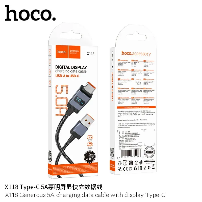 Cáp Sạc Type-C Hoco X118 Generous 5A with Display