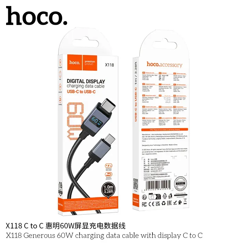 Cáp Sạc Type-C to Type-C Hoco X118 Generous 60W with Display