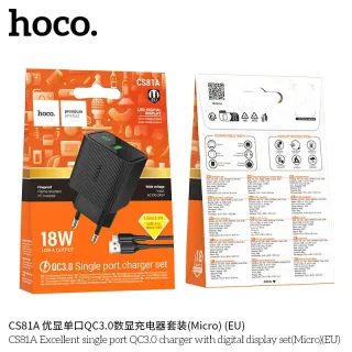 Bộ Sạc Kèm Dây Micro Hoco CS81A Excellent QC3.0 với màn hình kỹ thuật số (EU)