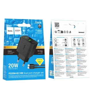Bộ Sạc Kèm Dây C to iP Hoco CS83A Excellent PD20W+QC3.0 với màn hình kỹ thuật số (EU)