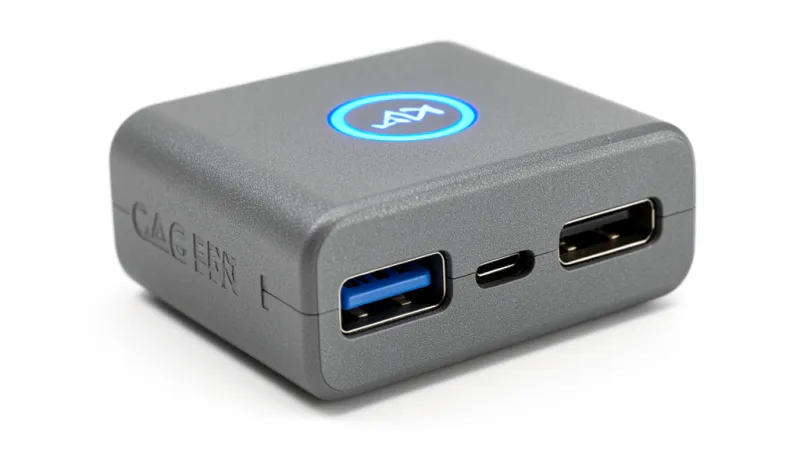 Macro cổng sạc USB-C và USB-A trên củ sạc GaN 65W với đèn LED xanh
