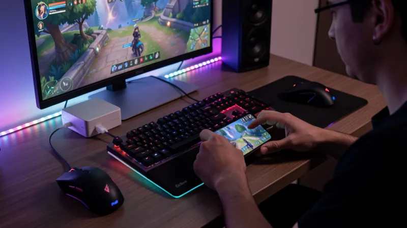 Game thủ sử dụng củ sạc 65W GaN sạc smartphone khi chơi game