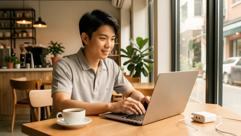 Dân văn phòng sử dụng củ sạc GaN 65W tại quán cà phê làm việc