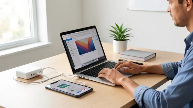 Người dùng làm việc với laptop và điện thoại được sạc đồng thời
