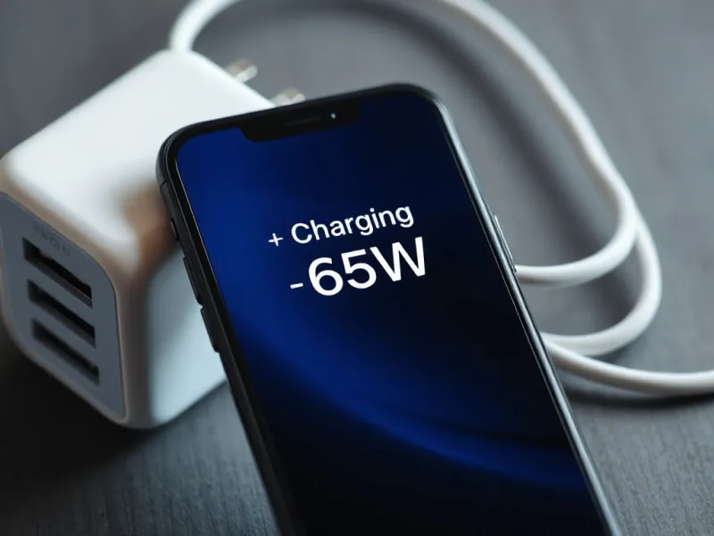 Màn hình điện thoại hiển thị thông báo sạc nhanh 65W khi kết nối